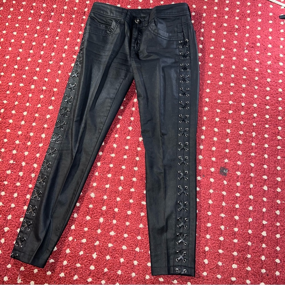 Faux Leather Pants w/ Crisscross Detail Down Each Leg - Size 0 - Black NWOT